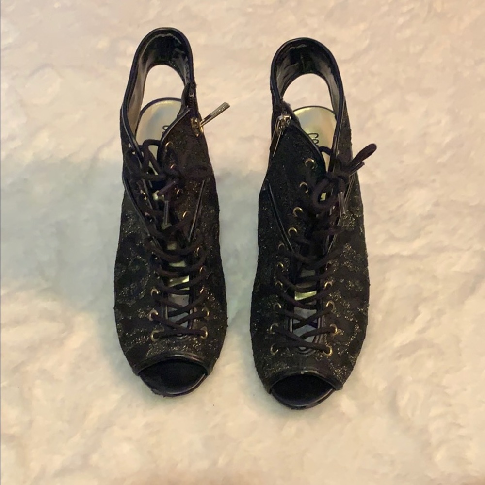 Black gold lace up heels
